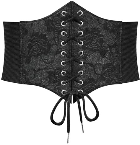SUOSDEY Black Lace Corset Belt for Women, Vintage Lace-up Elastic Waist, Tied Waspie Wide for Halloween Costume
