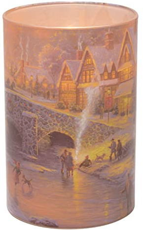 Mark Feldstein & Associates Thomas Kinkade Spirit of Christmas Flameless LED Glass Pillar Candle, 4 x 6 Inch