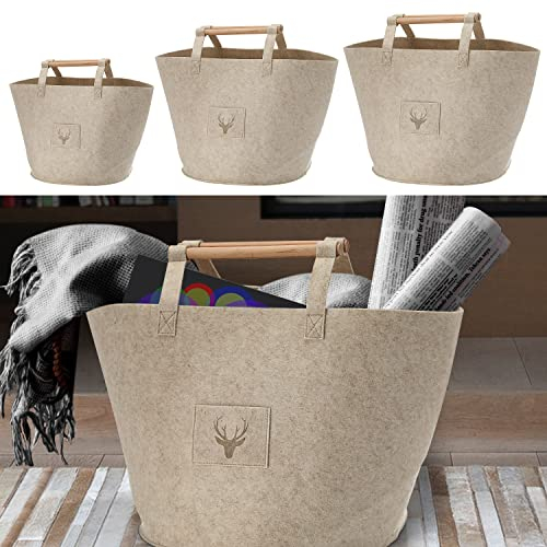 Filztasche Hirschkopf 3er Set | beige Gold S:32x28cm;M:38x33cm;L45x38cm Filz | Tischdekoration Platzset Filzkorb Tischläufer (1 x 3er Set Filztasche Hirschkopf beige)