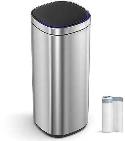 SONGMICS Motion Sensor Kitchen Bin 50L, Automatic Rubbish Bin, Trash Bin, Multi-Coloured Indicator Lights, Ozone Odour Control, Stay-Open Lid, Tall, Steel, Silver LTB620E50