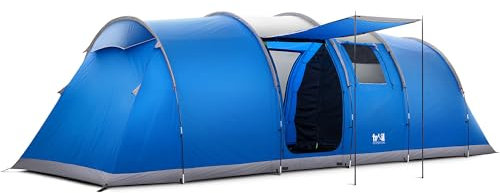 Trail Hexton XL 6 Man 2 Room Tent, Family Camping Tunnel Tent, 5000mm Waterproof, Dark Zone Bedrooms, Living Area with Standing Height, Sewn In Groundsheet, Carry Bag (L700cm x W240cm x H220cm)