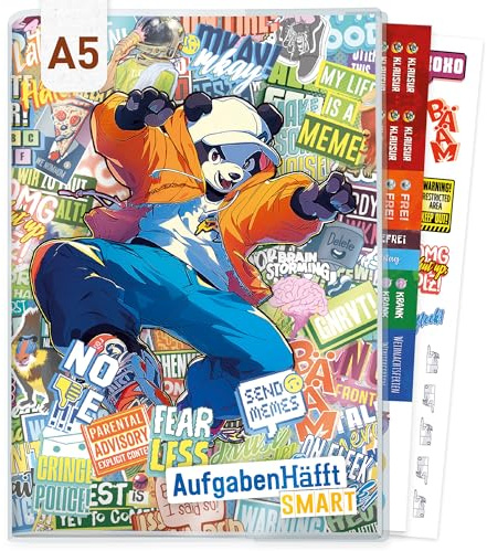 Häfft® Hausaufgabenheft A5 ohne Datum mit Umschlag + Stickern - der Clou: immer sichtbarer Stundenplan Cool Panda - nachhaltig & klimafreundlich