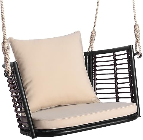 GIANTEX Fauteuil suspendu d'extérieur en rotin et cadre en métal, siège suspendu avec dossier et accoudoirs, fauteuil à bascule avec coussins d'assise et de dossier, chaise à bascule suspendue avec