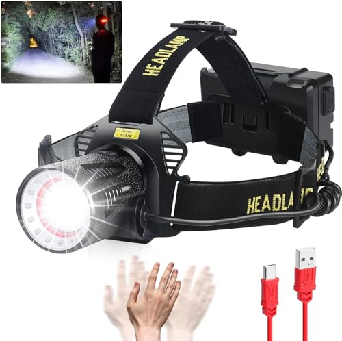 Stirnlampe LED Wiederaufladbar, 3000 LM superhelle Stirnlampe für Erwachsene mit Bewegungssensoren, 7 Modi, Zoombar, IP68 Wasserdichte Kopflampe,10000mAh Batterie, für Joggen-Headlamp Rechargeable