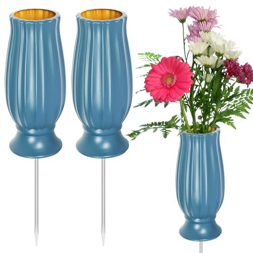 WIYETY Vaso per tomba con picchetto, 2 vasi per tomba, vaso per tomba, decorazione per tomba, in plastica, per tomba, decorazione cimitero, colore: blu