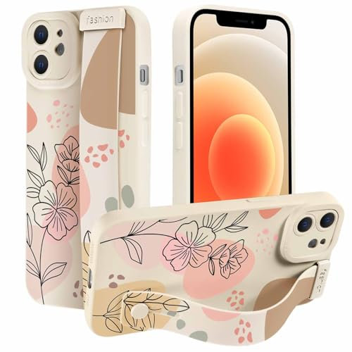Foonary White Geometric Color Phone Case for iPhone 12 6.1 with Wrist Strap Stand,Aesthetic Patterns Cases, Hand Holder Protective Cover for Women Girls with Finger Grip,for iPhone12