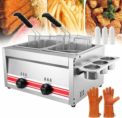 LYJYUJIE Freidora Comercial de 20 l, freidora eléctrica de Doble Tanque, freidora de Acero Inoxidable con Tapa y cestas, Olla freidora eléctrica para Uso doméstico y Comercial~/