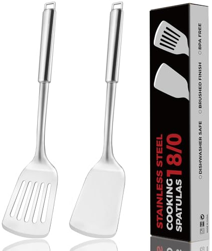 MUJINON 14.5-in Stainless Steel Spatula Set, 18/0 SS Heavy Duty Turner & Slotted Spatula for Kitchen Use, Cast Iron Grilling Frying, Pack of 2