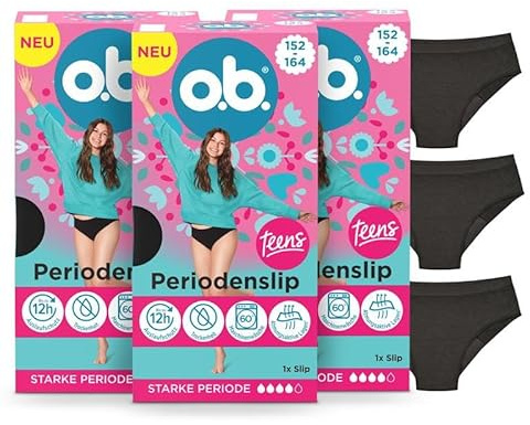 o.b. Teens Periodenslip, 3 Stk | Wiederverwendbare Periodenunterwäsche, speziell für Teens entwickelt, bietet Schutz für eine starke Periode, Größe 152-164