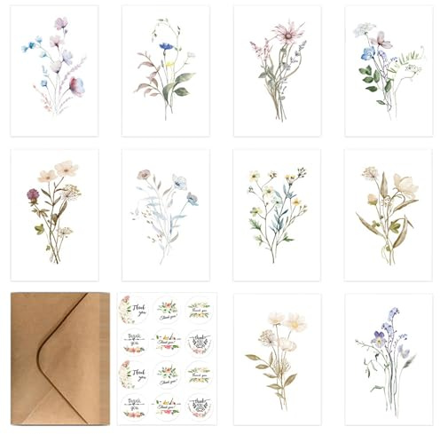 Zyluniy 10 Pezzi Biglietti di Auguri Compleanno Interno Bianco con Buste, Carte Biglietti Piegati Fiorite per Donna Uomo, Anniversario, Natale, Laurea, Festa della Mamma Papà, Biglietti Auguri di Buon