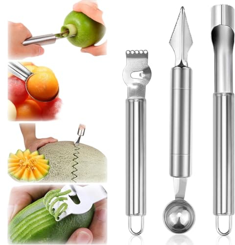 YUVKIN Ensemble d'Outils à Fruits en Acier Inoxydable - Cuillère à Melon, Vide-Pomme, Outils de Sculpture de Fruits, Zesteur, Cuillère Creuse, Râpe à Fruits, Couteau