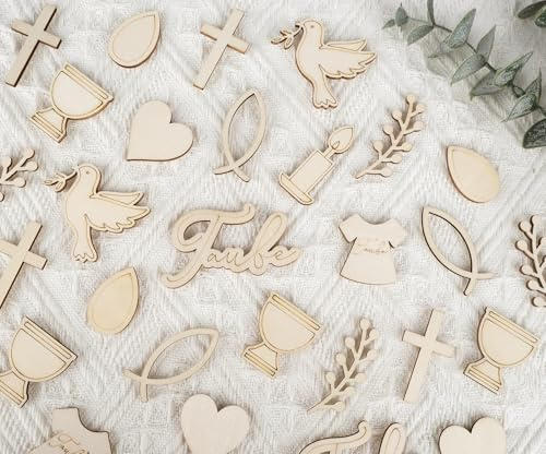 HOLDLEAF 100 Stück Holz Streudeko Taufe - Liebevolle Tischdeko aus Naturholz mit Fischen, Kreuz & Taube für Taufe, Kommunion & Konfirmation - Ideal zum Basteln & für Gastgeschenke