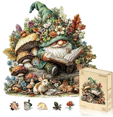 Jigfoxy Wooden Puzzles for Adults, Gnome Jigsaw Puzzle | 294-Piece Unique Animal-Shaped Jigsaw Puzzle for Adults and Teens, Creative Gift with a Premium Wooden Box,13.4 * 13.1in