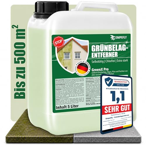 GreenX Pro Grünbelagentferner Konzentrat (5 Liter Kanister), selbsttätig gegen Grünbelag, Algen & Pilze ohne Schrubben – für Terrasse, Fassade, Dachziegel und Stein – chlor & säurefrei