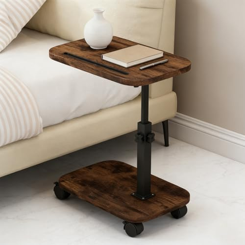 Fouvin Table d'appoint réglable en hauteur en forme de C avec roulettes pivotant à 360° en bois - Petite table d'appoint mobile en bois