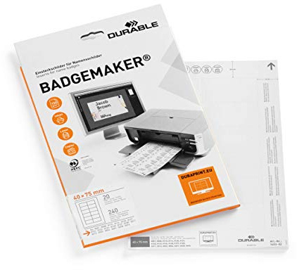 Durable Einsteckschilder Badgemaker, 40 x 75 mm, 240 Schilder, weiß, 145302 | A4 Druckbögen für Namensschilder, mikroperforiert, für Laser- und Tintenstrahldrucker, mit Duraprint