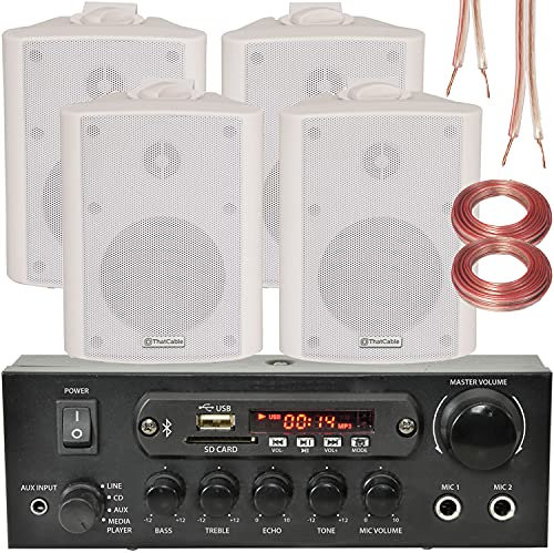 BLUETOOTH SPEAKER SYSTEM – 4x 70W 4” White Wall Mounted Speakers & 110W Stereo HiFi Amplifier - ECHO ALEXA - Wireless Background Music Player Amp Kit