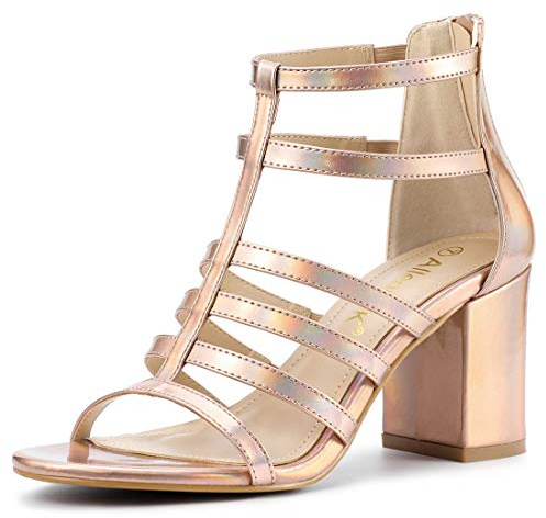 Allegra K Gabbia Strappy Gladiators Sandali da donna con tacco grosso, Gradiente Oro Rosa, 39.5 EU
