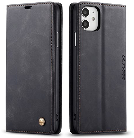 QLTYPRI Hülle für iPhone 11, Vintage Dünne Handyhülle mit Kartenfach Geld Slot Ständer PU Ledertasche TPU Bumper Wallet Case Flip Schutzhülle Kompatibel mit iPhone 11 - Schwarz