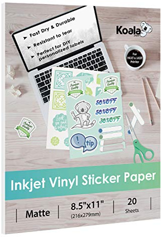 Koala Lot de 20 feuilles de papier autocollant en vinyle blanc mat pour imprimante à jet d'encre - 21,6 x 27,9 cm - Fonctionne avec une machine à découper