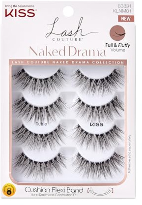 KISS Lash Couture Naked Drama Collection Multipack, Full & Fluffy Volume 3D Faux Mink False Eyelashes, Cushion Flexi Band & Split-Tip Technology, Reusable, Contact Lens Friendly, Style Ruffle, 4 Pairs