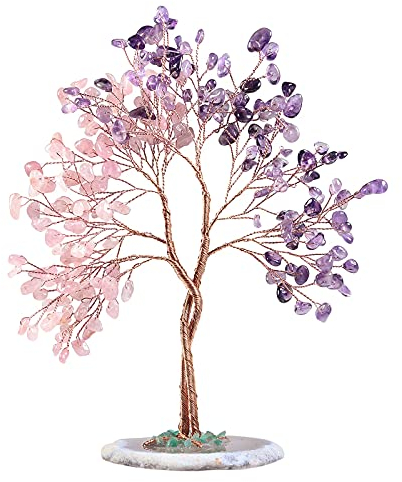 Nupuyai Kristallbaum Feng Shui Edelstein Baum, Glücksbaum, Geldbaum Geschenk, Hochzeit, Deko Wohnzimmer Schlafzimmer (Amethyst & Rosenquarz, Achat Scheibe Basis)