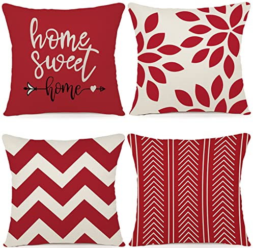 ZWJD Kissenbezug 50x50 4er Set Dekokissen Kissenbezüge Dekoration Outdoor Kissenbezüge Leinen Dekokissen für Schlafzimmer, Sofa, Stuhl, Bett, Garten (50 x 50 cm,Rot)