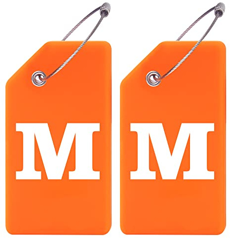 Gostwo 2 Pack Silicone Luggage Tags for Suitcases, 26 Initial Letter Baggage Labels Handbag School Bag Suitcase Instrument Tag with Stainless Steel Loop(Orange)(Letter M)