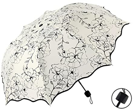 SvriTe Chic Floral Anti-UV Paraguas Plegable Sol Compacto Mujeres Señoras Señoras a Prueba de Viento Lluvia Hermosa Flor 8K Sombrilla Paraguas, Negro