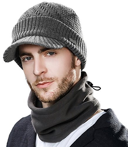 Comhats PolarWool™ Wintermütze Herren Winter-Set mit Wollgestrickter Schirmmütze und Fleece-Schal/Halswärmer für Herren und Damen - Warme gestrickte Schirmmütze 69311_Grau L/XL
