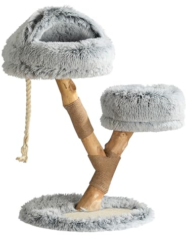 Fudajo Kratzbaum Zweigdesign mit Katzenhöhle 80 cm, Designer Katzenkratzbaum mit Plüsch und Birnbaumholz, Katzenbaum aus Holz mit Kratzmatte