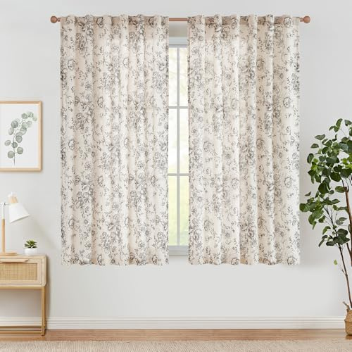 TOPICK Floral Küchengardinen mit Kräuselband Leinen Scheibengardinen Bauernhaus Deko Gardinen，Kurz Bistrogardine für Küche Esszimmer Badezimmer Fenster,2er Set 95 B x 160 H (cm),Schwarz auf Beige