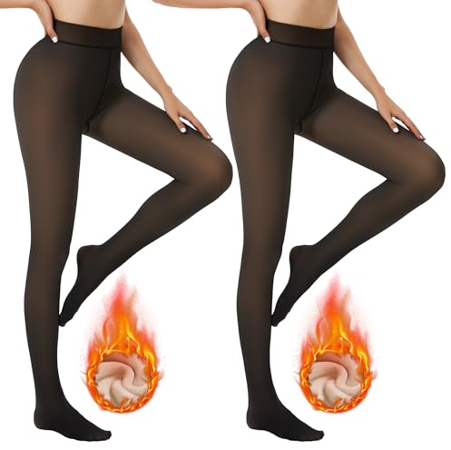 DDOBB 2 Pack Fleece Lined Tights for Women High Waisted Fake Translucent Thick Sheer Warm Winter Footed Pantyhose Ladies Stretch Stocking（Black*2 XL）