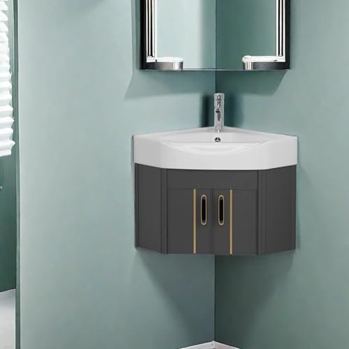 Corner Wall Mount Bathroom Sink - Small Vanity Sink Cabinet with White Ceramic Countertop Washbasin, Wall Hung Guest Wash Bowl - Faucet, Drain and Overflow Included - Easy to Clean