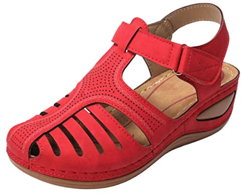 Sandaler med stängd tå för kvinnor, ortopedisk kilsandal med fotvalvstöd, damer retro ihåliga gladiatorskor utomhus tjocka sandaler bekväm ankelremsko UK storlek 4,5-7,5, Röd, 40 EU