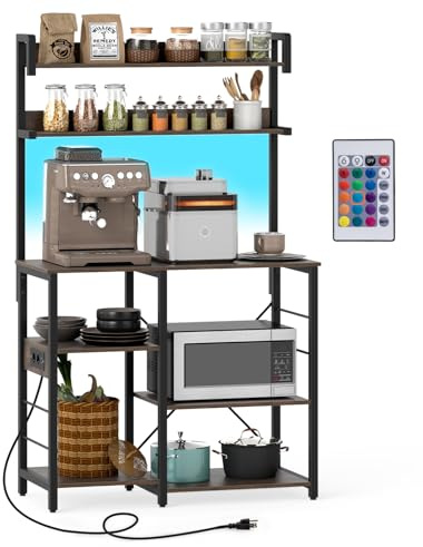 COSTWAY Étagère de Cuisine avec Prise de Courant, Meuble Micro-Ondes à 5 Niveaux avec Éclairage LED, Étagères de Rangement, Station de Café pour Salle à Manger et Salon, Marron Rustique