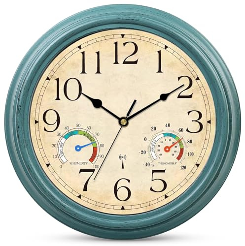 Ziprote Wanduhr Funk, Funkuhr Wand Lautlos Retro Wohnzimmeruhr 30cm Küchenuhren Geräuschlos Funkwanduhr mit Temperatur und Feuchtigkeitsanzeige (Grün)