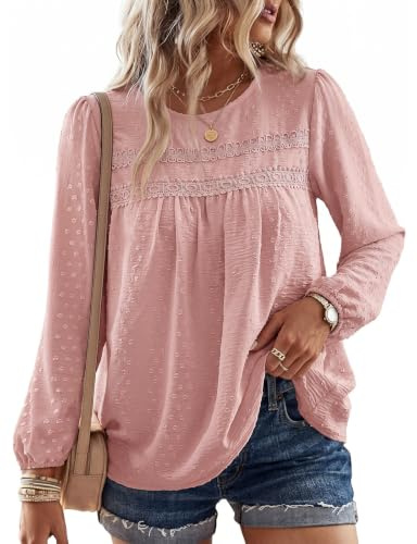 Fashora Women's Long Sleeve Blouses Loose Fit Tunic Tops | Women's Long Sleeve Tops, Boho Tops, Flowy Ruffle Sleeve Blouses, Elegant Shirts, Round Neck, Lace Top for Women UK