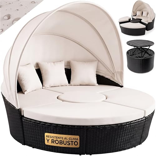 Casaria® Sonnenliege Sonneninsel Wetterfest mit Tisch 185cm Gartenliege 2 Personen Faltbares Sonnendach Relaxliege Gartenmöbel Set Lounge Outdoor Schwarz