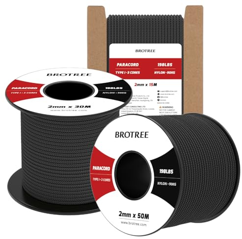 Brotree 2mm Paracord 3 Hebras 30M 100% Nylon Cuerda de Paracaídas para Al Aire Libre, Artesanía, Bricolaje - 90kg Carga de Rotura (Negro) | Negro, 100% Nylon, UV Resistencia, Para Al Aire Libre, Artesanía, Bricolaje, Supervivencia, Acampada
