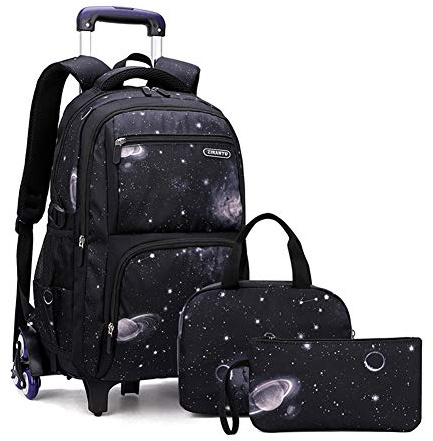 Primary Junior High Boys Rolling Backpacks Wheeled Bags Trolley School Bags Travel Luggage 3 in 1 Kids Bookbag Set with Lunch Bag