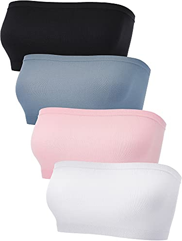 4 Pieces Women's Bandeau Bra Strapless Bralette Seamless Bandeau Non-Padded Stretch Top Bra(Light Blue, Pink, White, Black, Small)