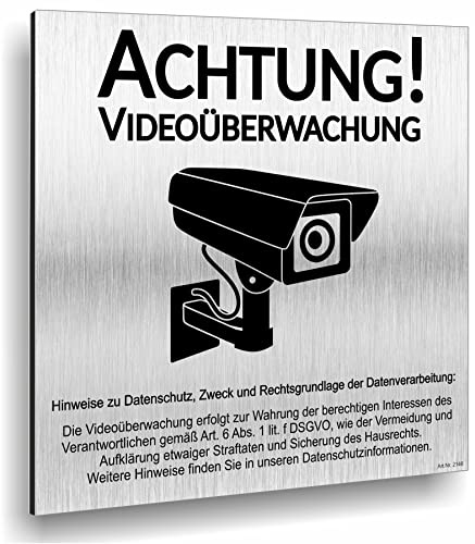 Achtung Videoüberwachung Schild DSGVO UV Druck 12 x 12cm - 3mm Aluverbund - Made in Germany - Art.Nr. 2146
