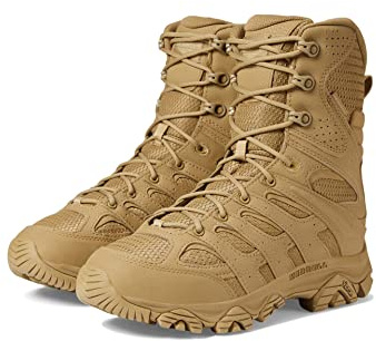 Merrell Men’s Moab 3 8” Zip Tactical Waterproof Boots, Durable & Comfortable Coated Leather Combat Hiking Shoes, Dark Coyote, 12
