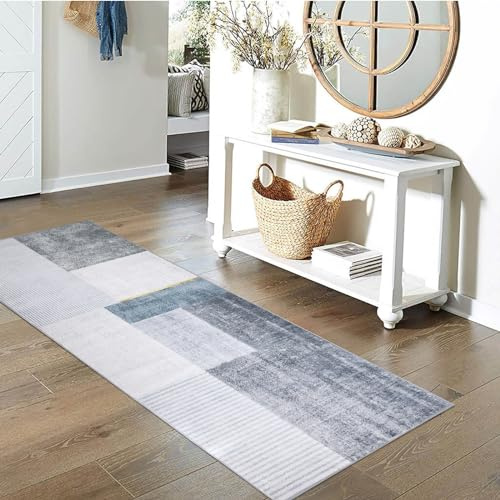Calore Tapis Antidérapant Lavable Cuisine Long Doux Gris Devant Evier pour Chambre à Coucher Couloirs Salon (Gris/Bleu/Or, 80 x 150 cm)