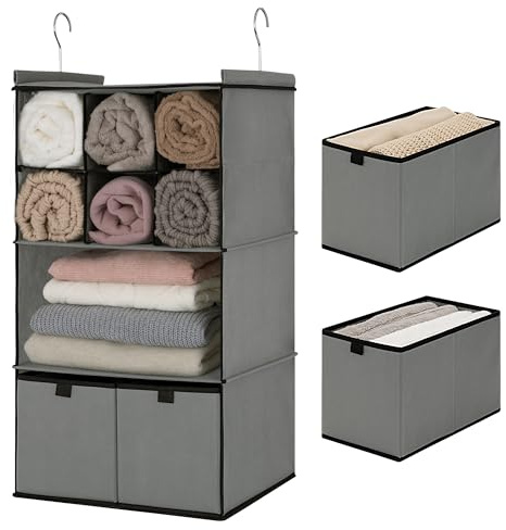 GRANNY SAYS Hängender Schrank Organizer mit Schubladen, 4 Regalteiler, Hängender Schrank-Organizer, Faltbare Hängeregal für Kleiderschrank, Kleine Schrank Organizer für Kleidung und Schuhe, Grau