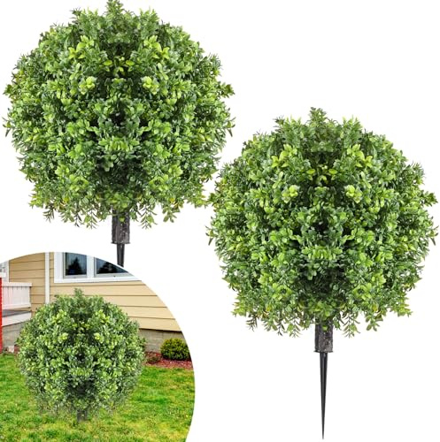 Canlierr 2 Pcs Artificial Boxwood Topiary Ball Bush 26 Tree UV Resistant with Spike Easy to Push in The Ground Fake Boxwood Plants Faux Greenery Shrubs for Indoor Outdoor Home Garden (Light Green)