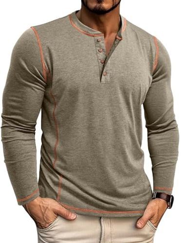 LAOARA Herr T-shirt Långärmad T-shirt Bomull Slim Fit Henley T-shirt T-shirt Tröja Knapp T-Shirts M-2XL, Khaki, L