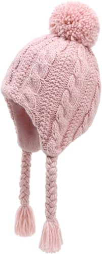 JANGANNSA Peruansk vintermössa med fleecefodrade öronlappar med stickad pompom, för flickor 3–10T, rosa, 3–5 år, rosa, 3–5 år, Rosenröd, 3-5 anni