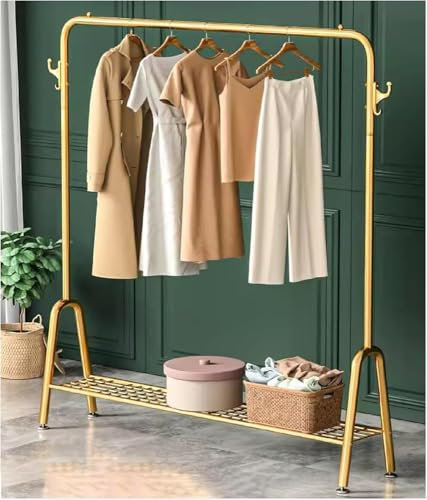 Platzsparende Standgarderobe, robuste freistehende Kleiderständer, Kleiderständer mit Regalen, Kleiderorganizer für Boutique-Geschäfte(Size:60x33x147cm,Color:Gold)